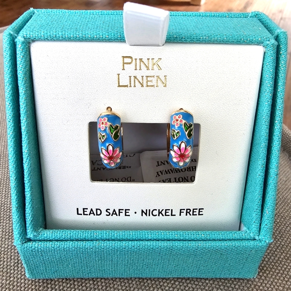 Pink Linen Cloissanne Style Earrings nib